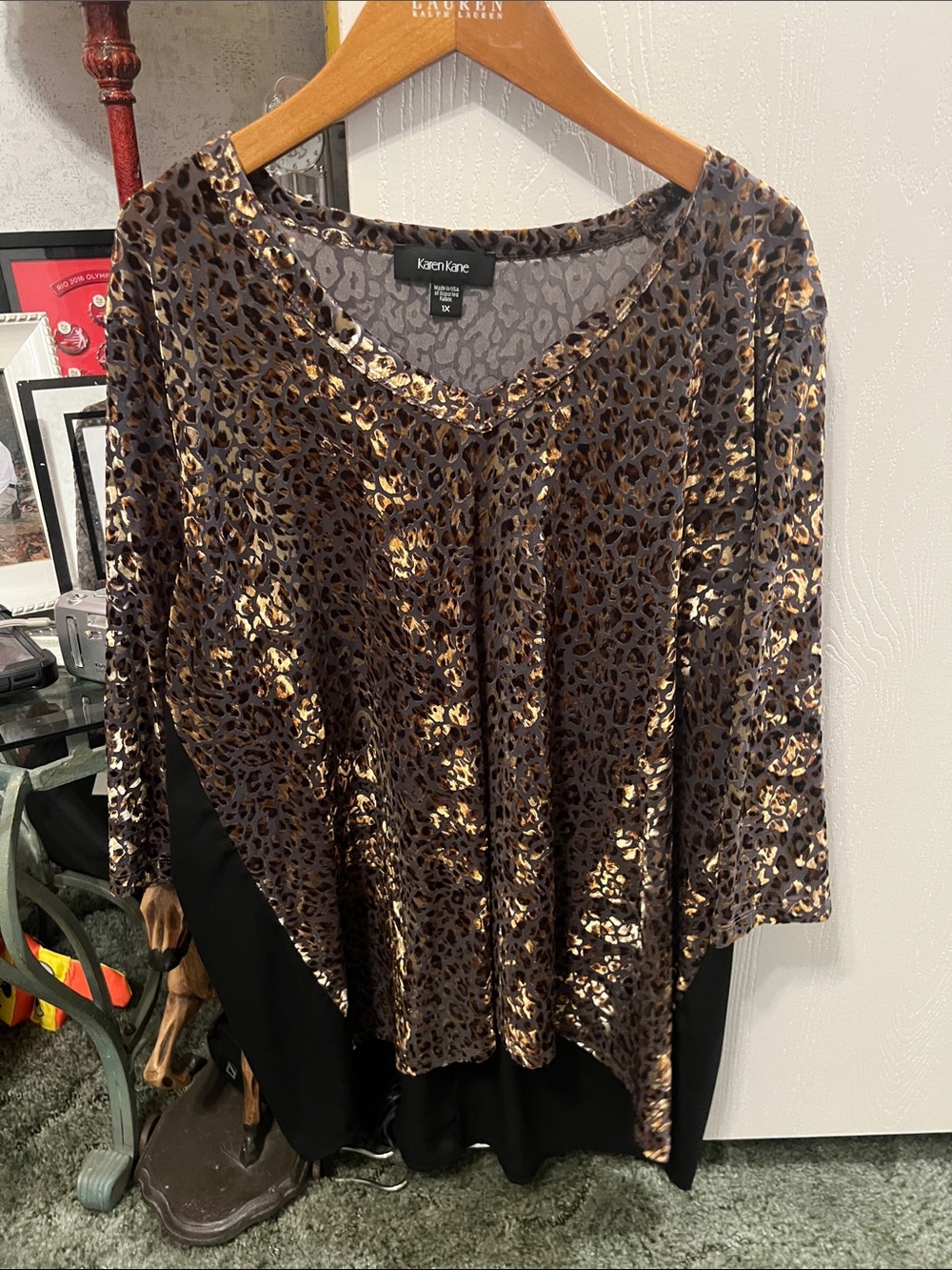 Karen Kane Metallic Leopard V-Neck Tunic in Brown & Gold